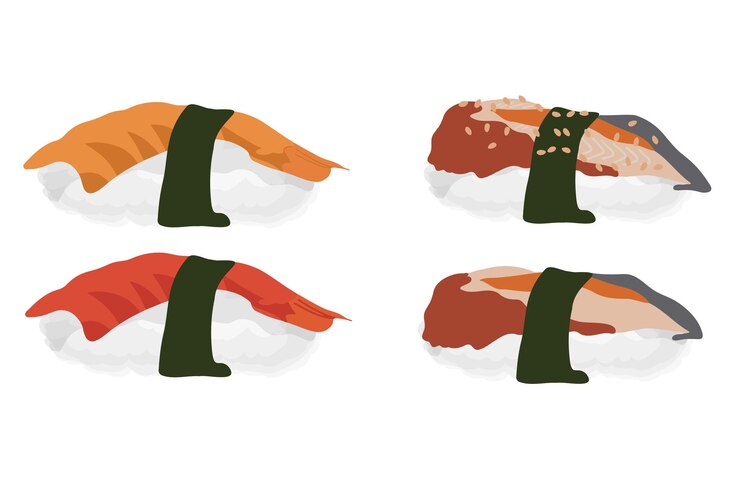 Vector sushi comida tradicional japonesa. plantilla de grupo de mariscos asiáticos para restaurante de sushi, cafetería, entrega