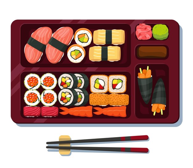 El sushi está colocado en una bandeja aislado sobre un fondo blanco Ilustración vectorial de estilo plano moderno