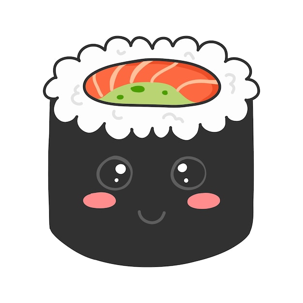 Sushi en estilo kawaii Lindo sushi japonés con una sonrisa Ilustración vectorial Estilo de dibujos animados Logotipo para un restaurante de sushi Personaje divertido de sushi