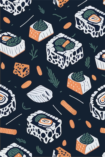 Vector sushi en un fondo azul oscuro con un patrón de sushi