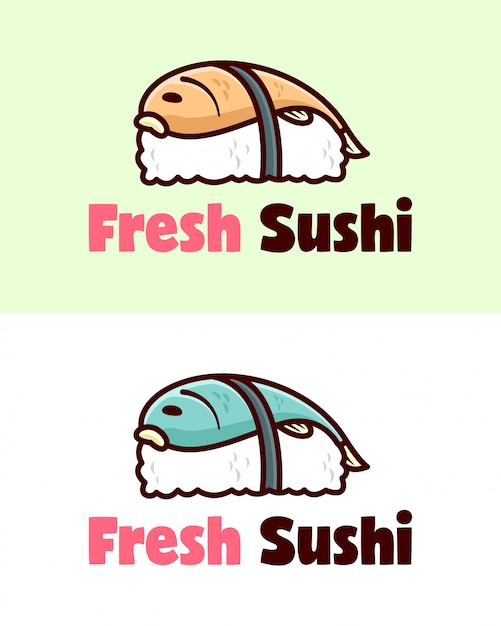 SUSHI FRESCO CON UN PESCADO EN LA PARTE SUPERIOR LOGOTIPO DE DIBUJOS ANIMADOS