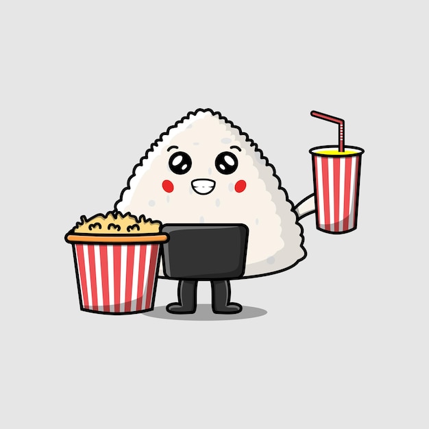 Sushi japonés de arroz de dibujos animados lindo con palomitas de maíz y bebida lista para ver películas en el cine