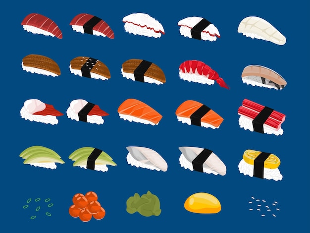 Sushi japonés Nigiri fresco con guarniciones coloridas en un plato limpio