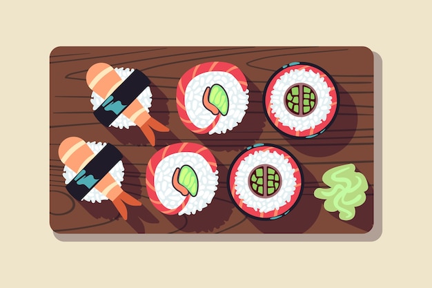 Vector sushi japonés sobre una ilustración de vector de placa