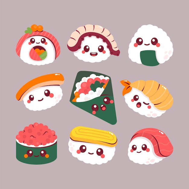 Vector sushi kawaii en diferentes variantes