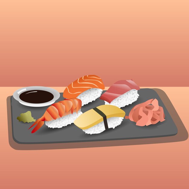 Sushi nigiri con wasabi y salsa de soja