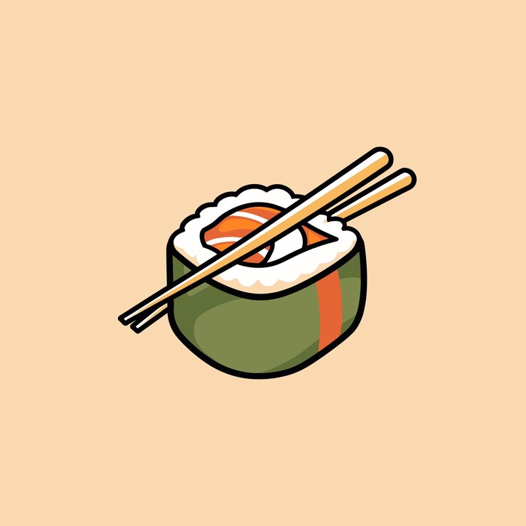 Sushi con palillos de comida icono vectorial de dibujos animados logotipo de comida ilustración de dibujes animados planos