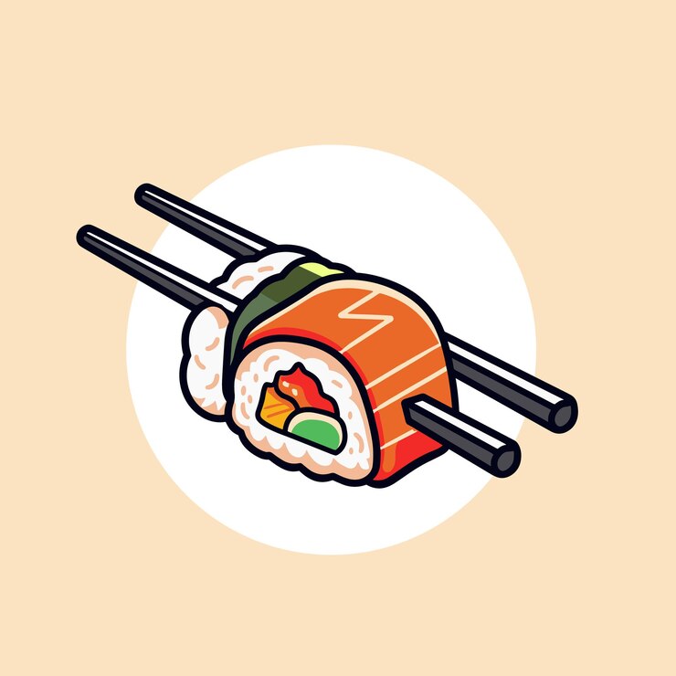 Sushi con palillos de comida icono vectorial de dibujos animados logotipo de comida ilustración de dibujes animados planos