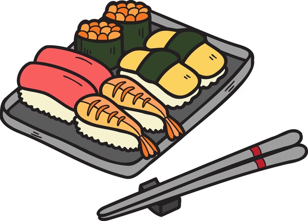 Sushi y palillos dibujados a mano Ilustración de comida china y japonesa