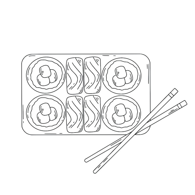 Sushi y palillos doodle ilustración plato tradicional japonés arroz pescado vegetal comida asiática