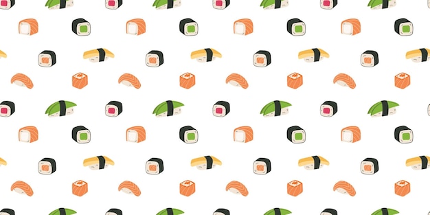 Sushi patrón sin costuras comida japonesa arroz y pescado de salmón menú de restaurante de mariscos papel tapiz de envoltura textil impresión para tela cocina asiática fondo ilustración plana de dibujos animados vectorial