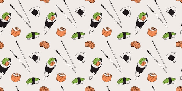 Sushi patrón sin costuras comida japonesa arroz y pescado de salmón menú de restaurante de mariscos papel tapiz de envoltura textil impresión para tela cocina asiática fondo ilustración plana de dibujos animados vectorial