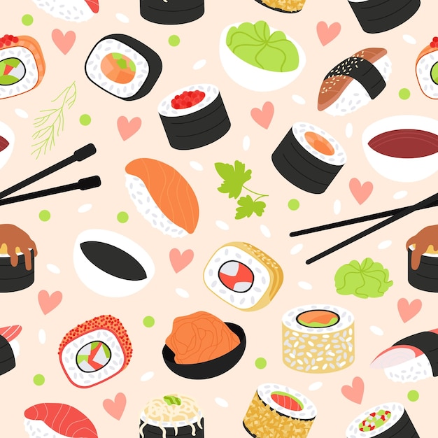 Sushi patrón sin costuras salmón de dibujos animados y rollos de verduras comida japonesa sabrosa cocina asiática impresión de tela cocina fondo vectorial decente