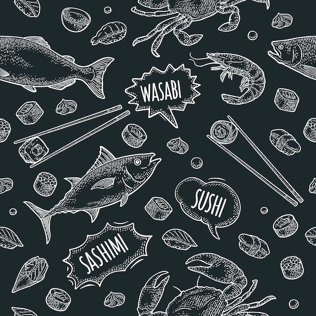 Sushi de patrones sin fisuras aislado en blanco vintage negro vector grabado