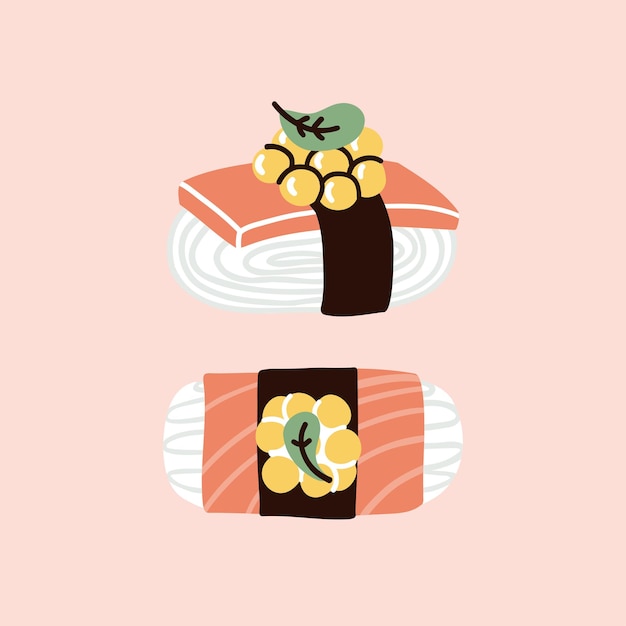 Vector sushi con pescado ilustración vectorial dibujada a mano en estilo plano