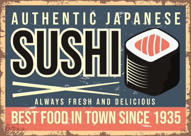 Sushi retro cartel de chapa restaurante japonés de mariscos cartel vintage vector ilustración