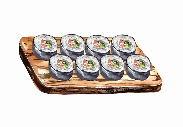 Vector sushi roll acuarela ilustración comida japonesa asiática menú de almuerzo