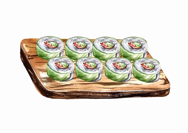 Sushi roll acuarela ilustración comida japonesa asiática menú de almuerzo