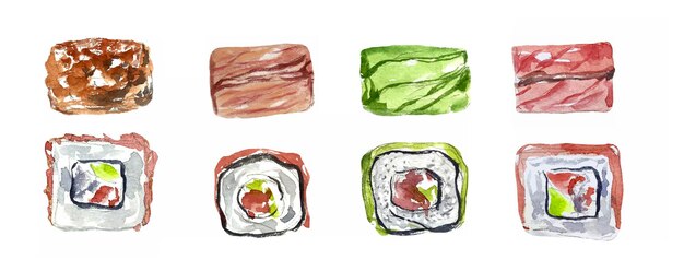 Vector sushi roll acuarela ilustración comida japonesa asiática menú de almuerzo