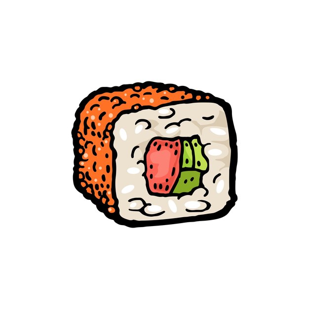 Sushi roll masago vintage grabado vectorial aislado en blanco