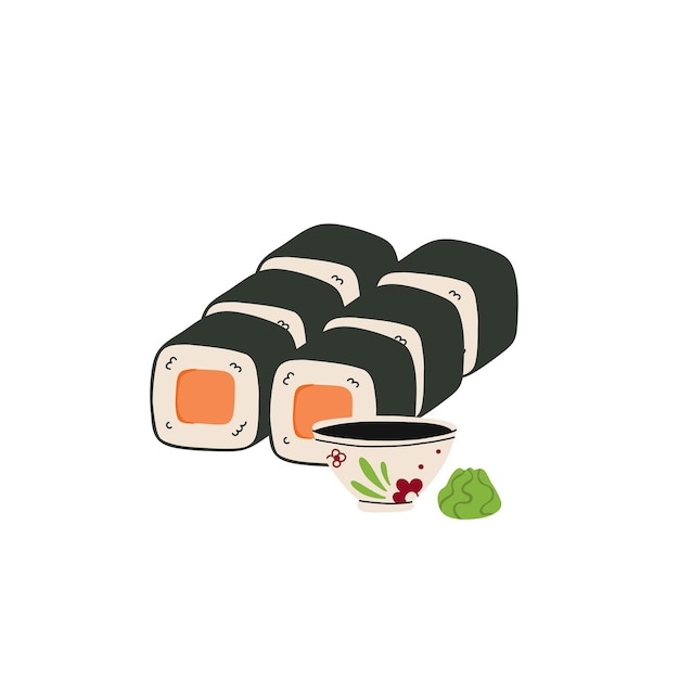 Sushi rollo mariscos japoneses con salmón y caviar cocina tradicional asiática wasabi y salsa de soja delicioso plato japonés estilo de dibujos animados de vector ilustración aislada