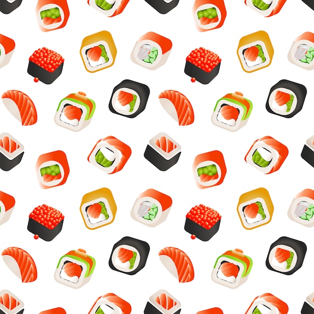 Sushi y rollos de patrones sin fisuras, ilustración de comida japonesa.