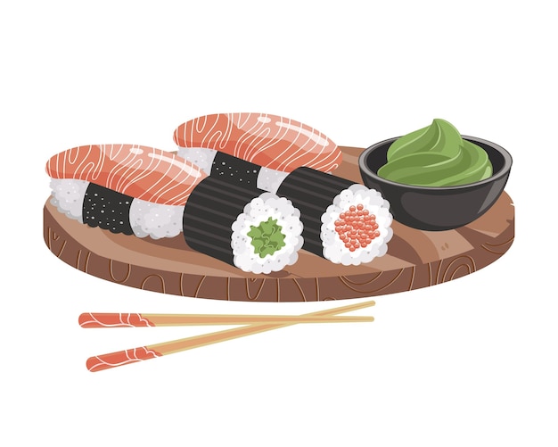 Sushi y rollos con salsa de wasabi en una bandeja de madera cocina asiática Ilustración