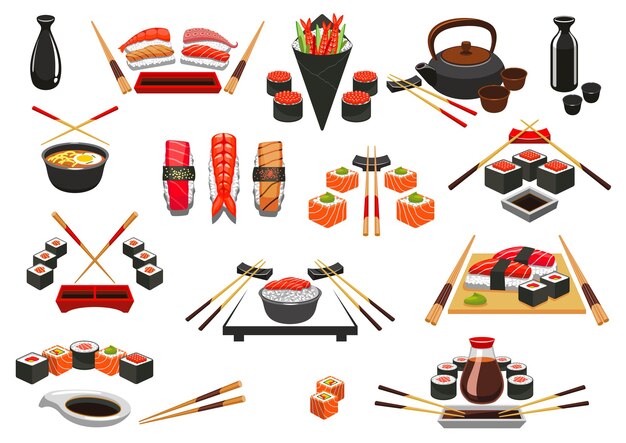 Sushi rolls sashimi y mariscos emblemas de la cocina oriental japonesa