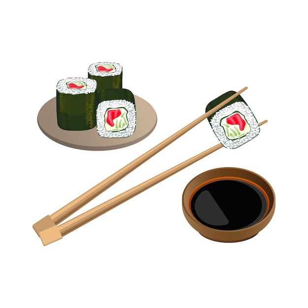 Sushi con salmón en palillos encima del tazón con salsa de soja aislado sobre fondo blanco. Comida tradicional japonesa. Realista de arroz con vinagre cocido combinado con mariscos y verduras