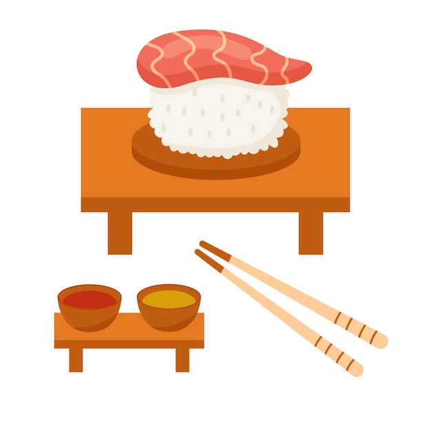 Sushi con salmón, salsa y palillos. Cocina y comida tradicional japonesa o asiática.