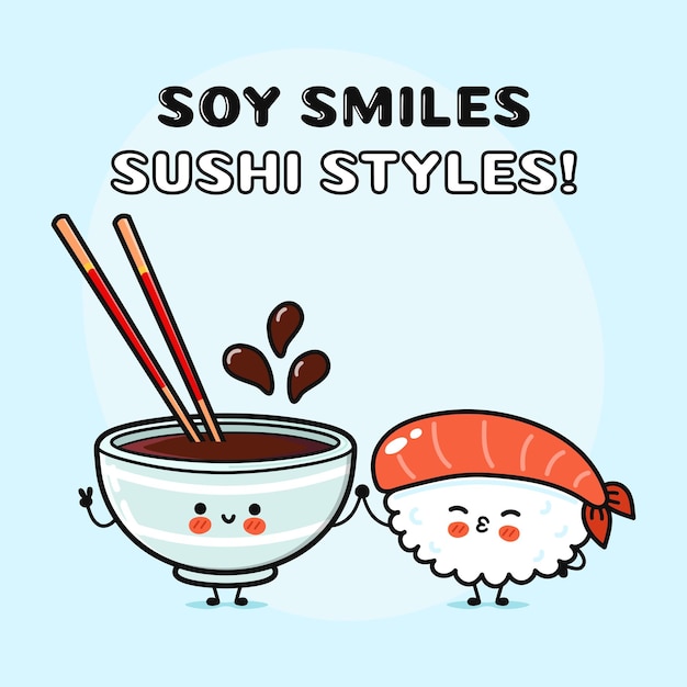 Sushi y salsa de soja personaje vectorial dibujado a mano dibujos animados kawaii personajes ilustración icono divertido