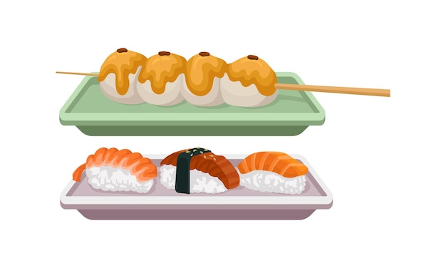 Sushi servido en plato de cerámica con arroz y mariscos