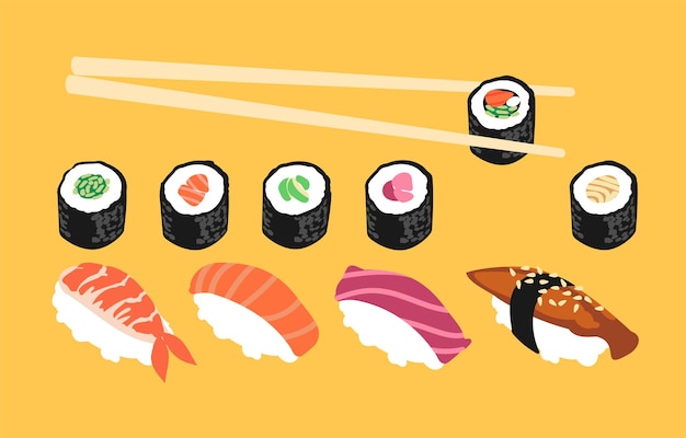 Vector sushi set maki y nigiri con diferentes rellenos e ingredientes