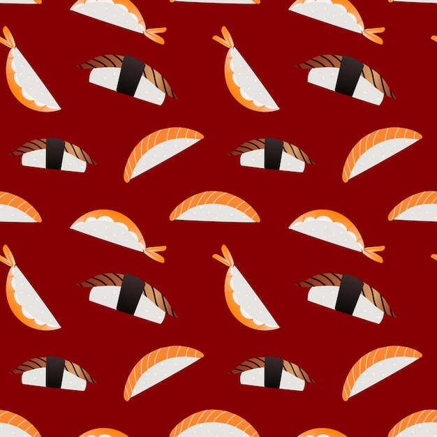 Sushi sobre fondo rojo de patrones sin fisuras diseño de comida asiática japonesa para la cubierta de papel tapiz textil de tela de moda ilustración vectorial