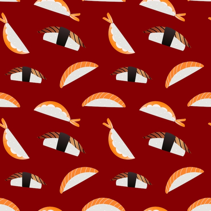 Vector sushi sobre fondo rojo de patrones sin fisuras diseño de comida asiática japonesa para la cubierta de papel tapiz textil de tela de moda ilustración vectorial