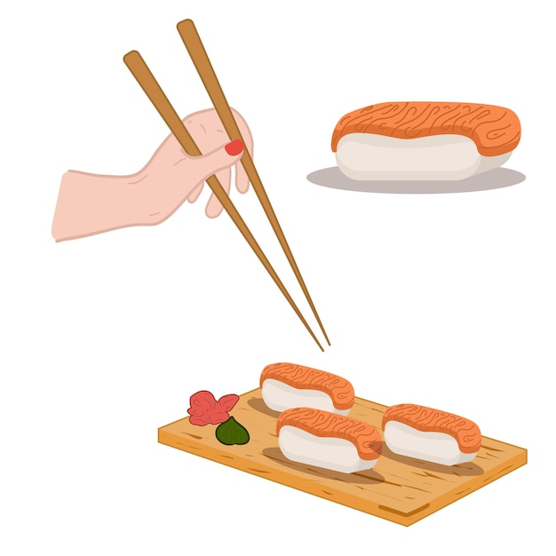 Sushis en palillos de tablero de madera en la mano Rollos con salmón Comida asiática Ilustración vectorial