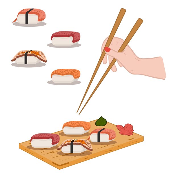 Vector sushis en tablero de madera con palillos en la mano camarón salmón anguila atún comida asiática vector ilustración