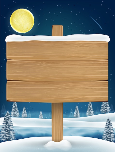 Vector suspiro de tablero de madera con lago de noche de invierno de navidad