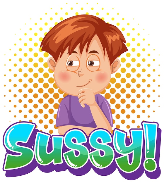 Sussy texto palabra banner estilo cómico con personaje de dibujos animados expres