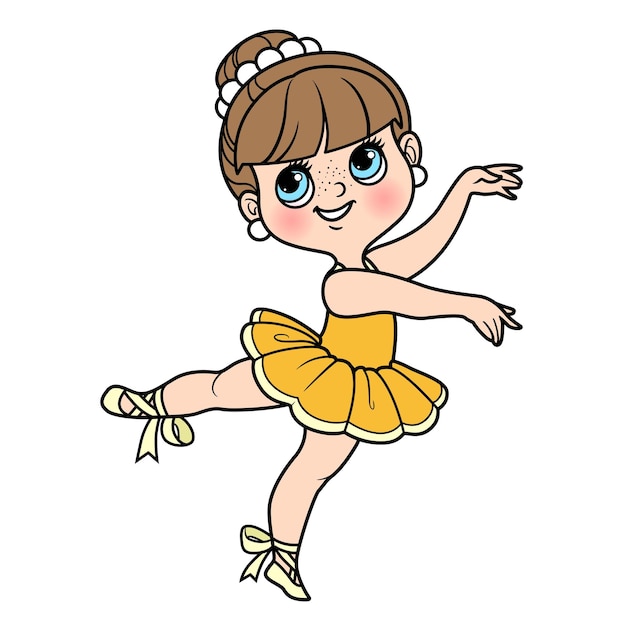 Sute caricatura pequeña bailarina bailando en una pierna delineada para colorear aislada en un fondo blanco