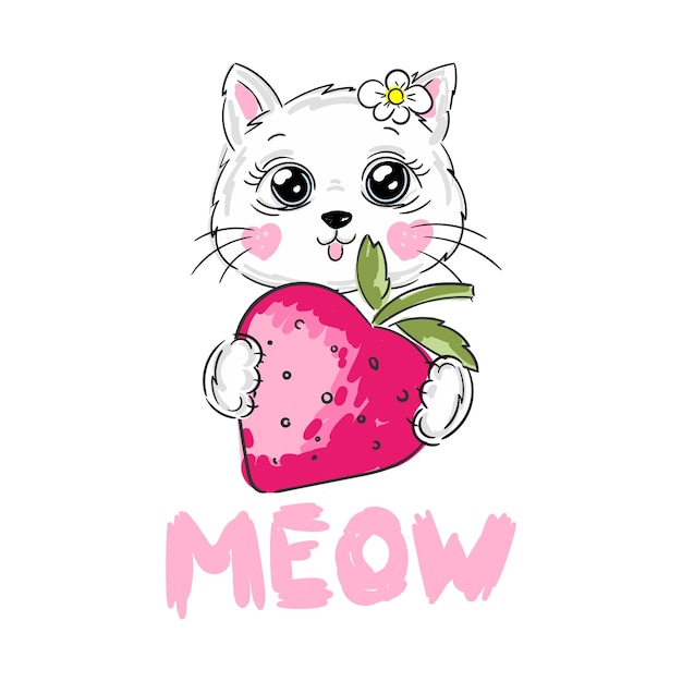 Sute gato blanco con fresa rosa y maullido de texto de eslogan aislado en fondo blanco para pegatina parche teléfono caso cartel camiseta taza y otro diseño