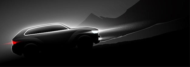 SUV negro conduciendo cuesta arriba en el fondo de las montañas en una noche oscura ilustración vectorial automotriz