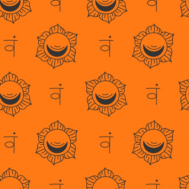Svadhishthana Chakra Patrón sin costuras Naranja Hinduismo sagrado Fondo con símbolos sánscritos loto
