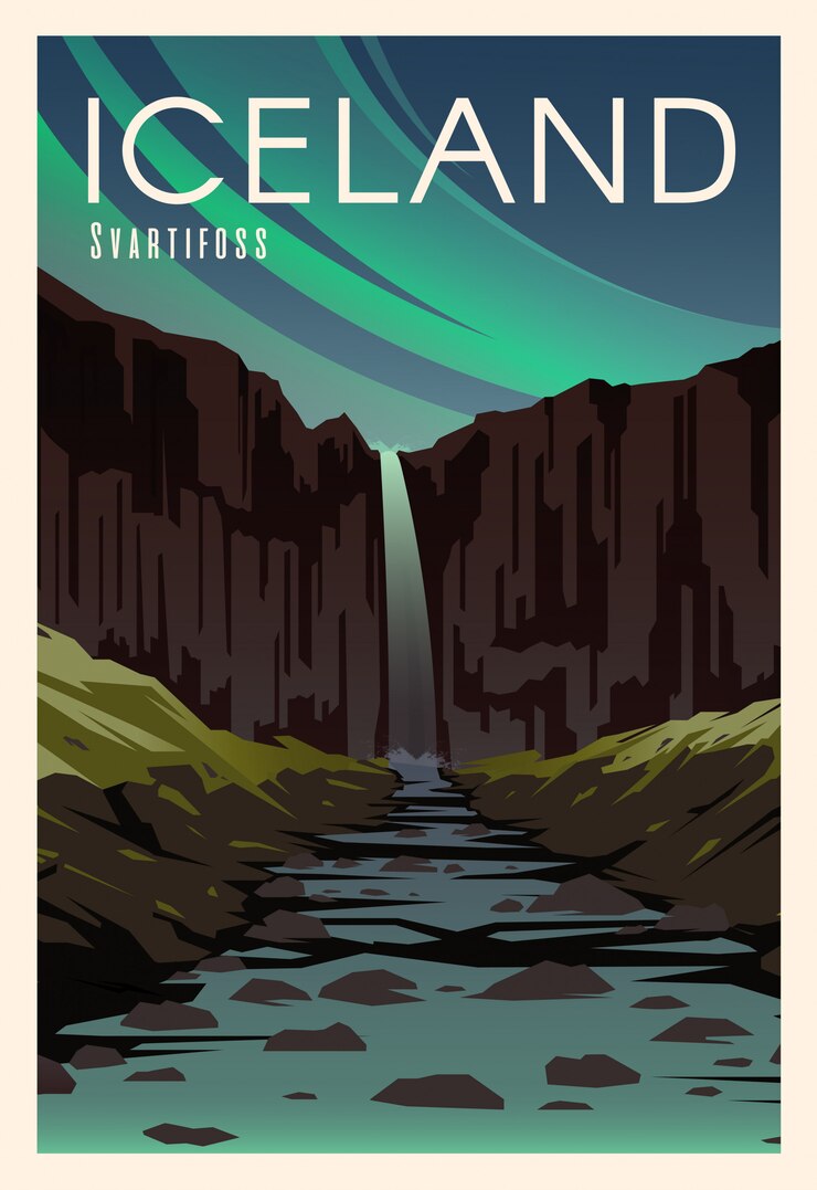 Svartifoss, río. Hora de viajar. Alrededor del mundo. Cartel de calidad. Parque nacional Skaftafell.