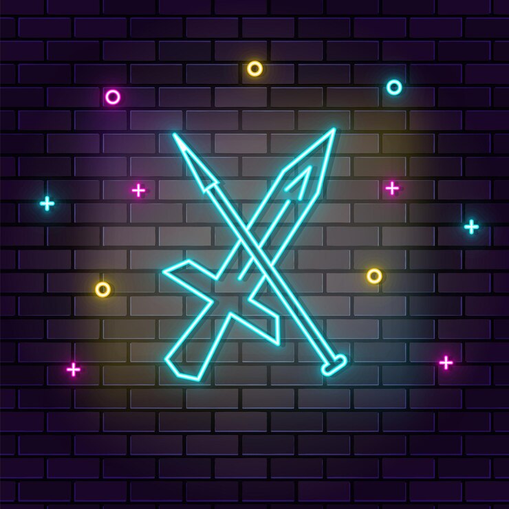 Vector sward juegos de lucha neón retro en la pared icono de neón de pared de ladrillo de fondo oscuro