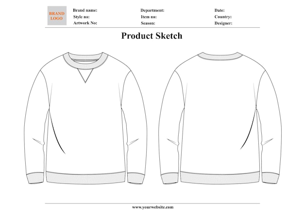 Sweatshirt Esbozo de producto plantilla de ilustración vectorial de dibujo técnico delantera y trasera