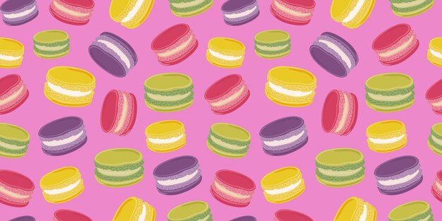 Sweet cartoon seamless pattern Traditional French macarons Cute pastry endless background