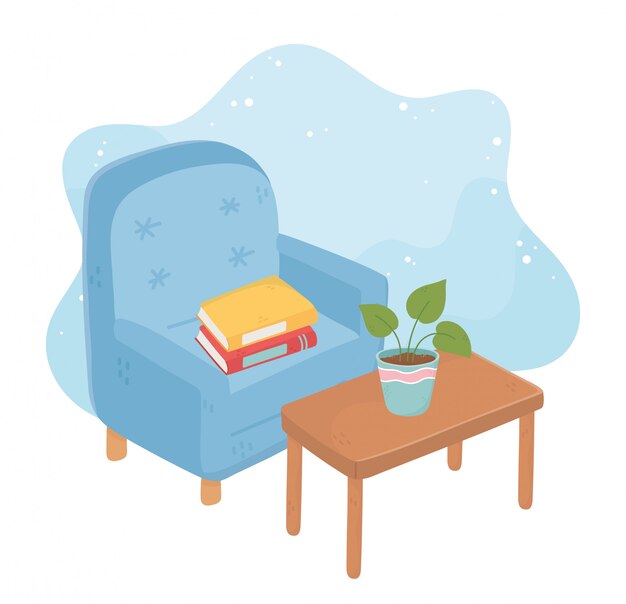Sweet Home sillón con libros planta en maceta en la mesa