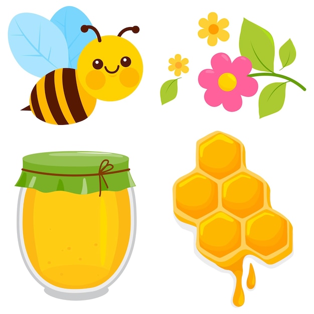 Sweet natural honey collection with cute cartoon bee honeycomb jar of honey and springtime flowers