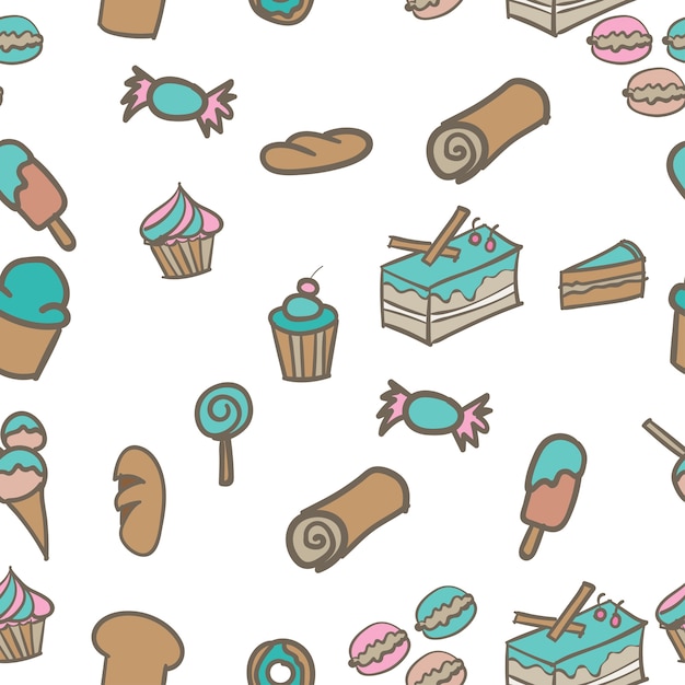 Sweets panadería dibujado a mano doodle vector de fondo sin fisuras